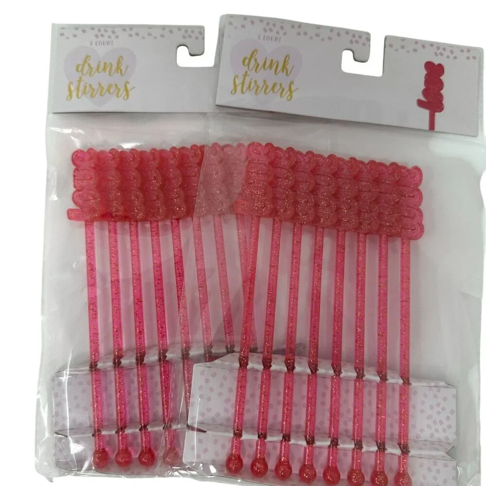 Hot Pink Love Glitter Drink Stirrers Swizzlers  2 Packs Valentine Bar Cart Decor